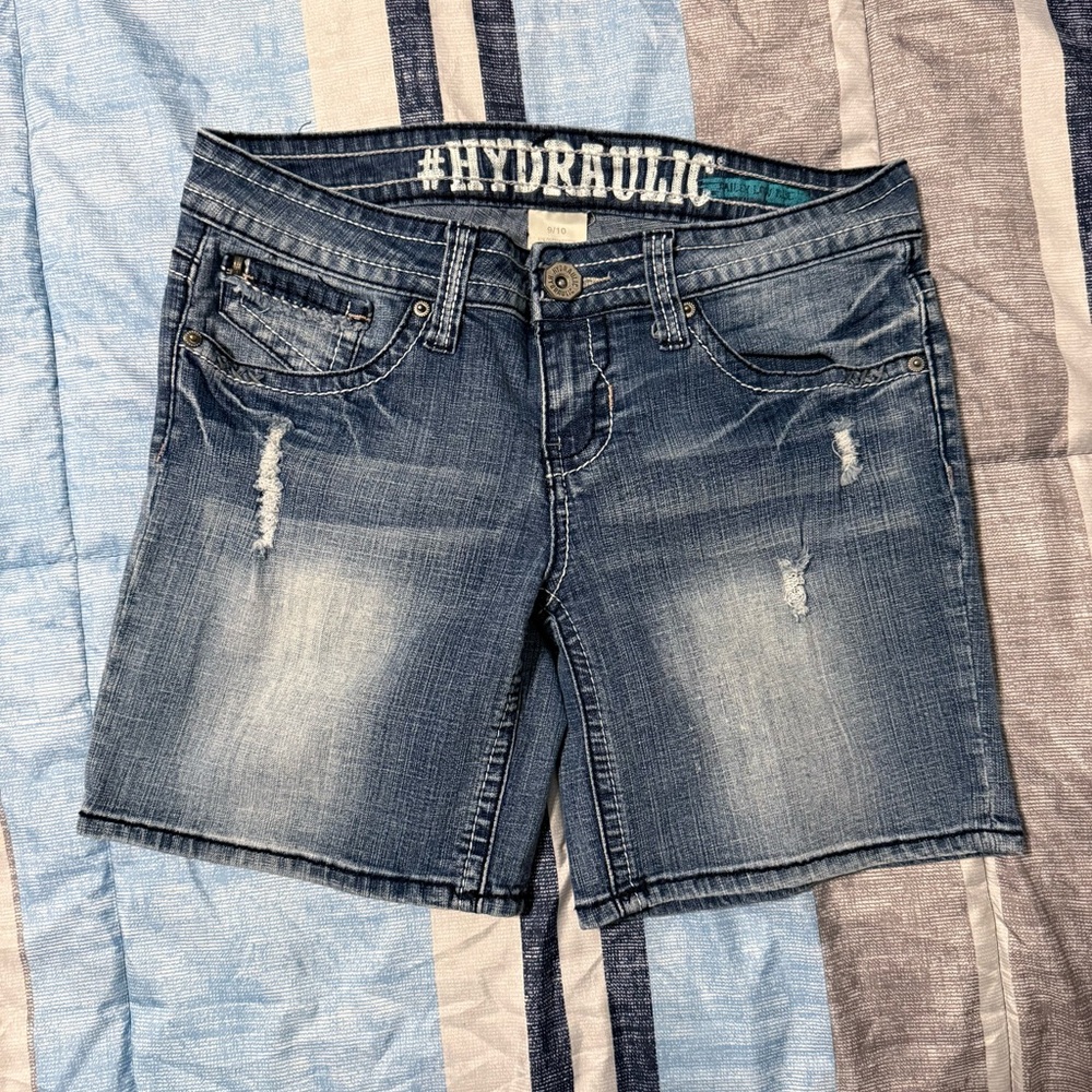 Hydraulic Light Blue Washed Denim Shorts with Branded Waistband